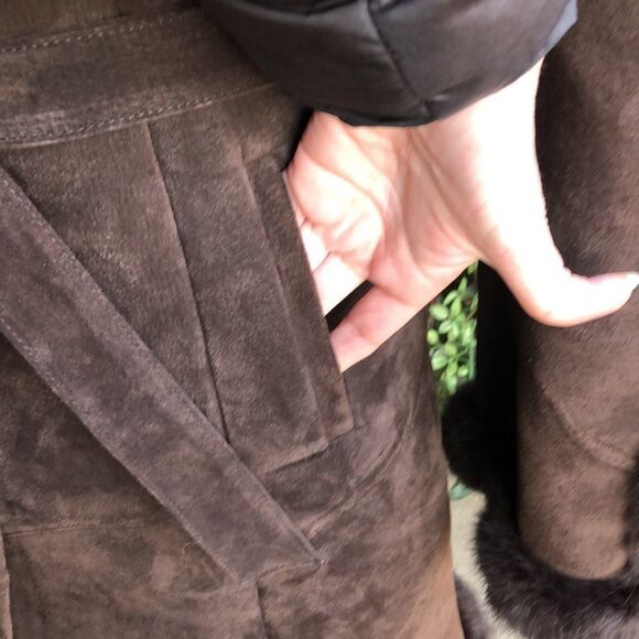 Vintage British Knoles & Carter Chocolate Suede, Fur Trim/Collar Faux Fur Lining - Picture 9 of 15